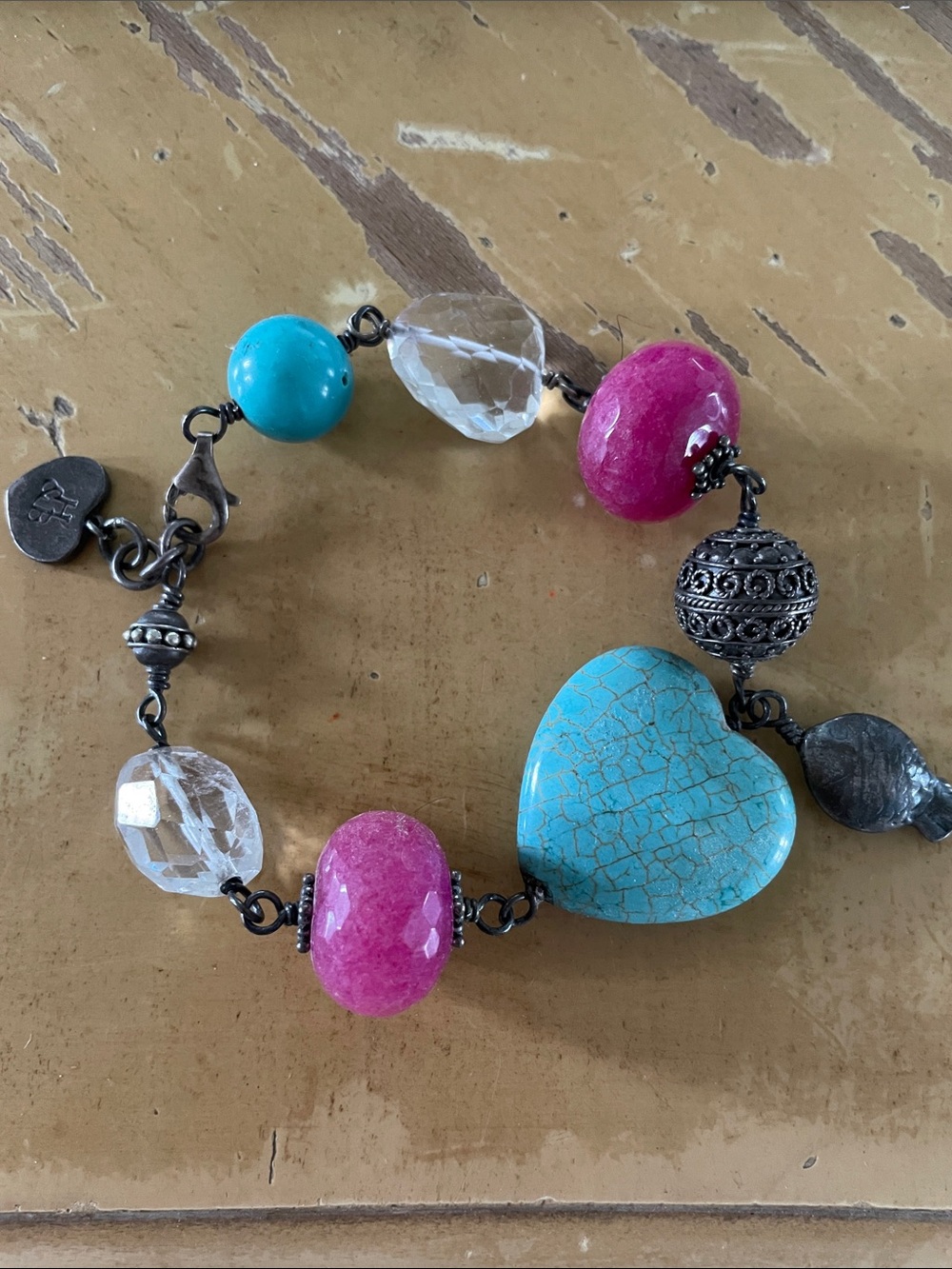 Hillberg & berk sterling Turquoise Heart gemstone Crystal fish charmBracelet -